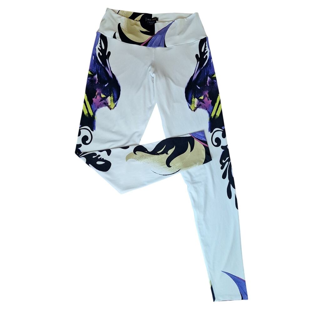 Eva Varro Women Leggings Abstract Graphic Floral Print White Stretch USA NWOT L